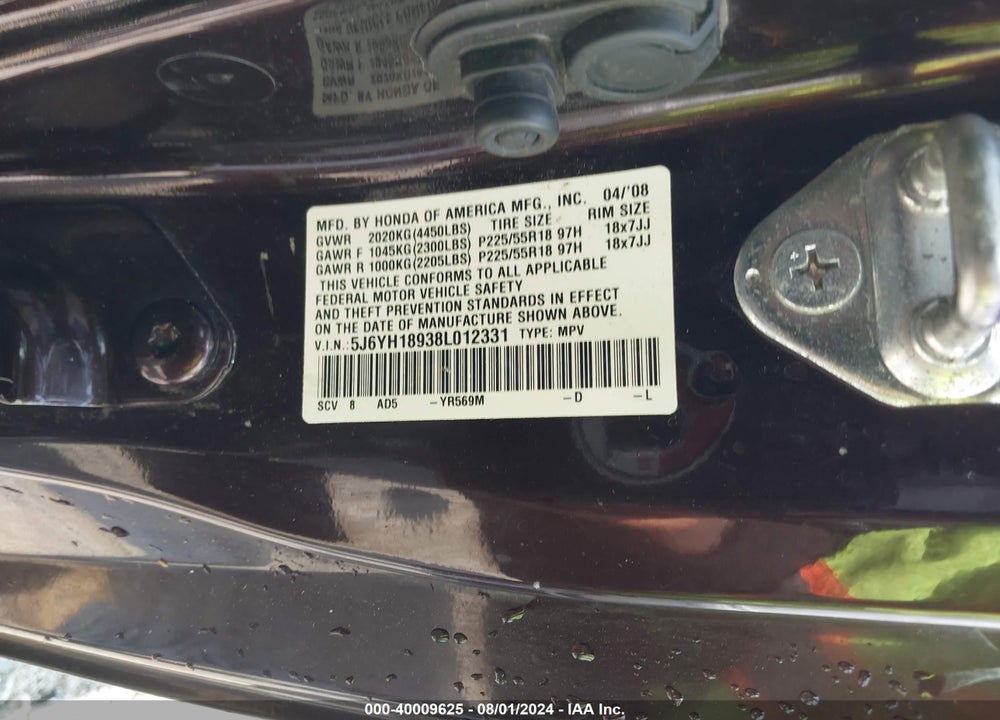 2008 HONDA ELEMENT SC VIN: 5J6YH18938L012331
