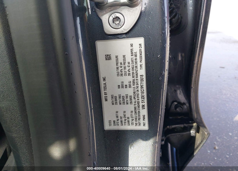 2023 TESLA MODEL 3 PERFORMANCE DUAL MOTOR ALL-WHEEL DRIVE VIN: 5YJ3E1EC7PF715618