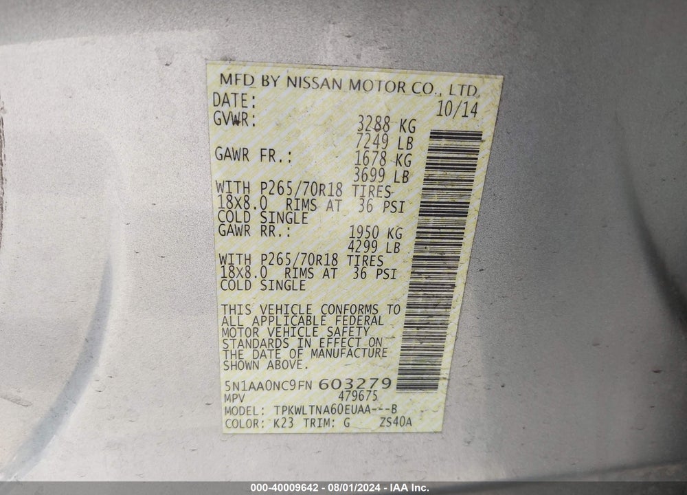 2015 NISSAN ARMADA PLATINUM/SL/SV VIN: 5N1AA0NC9FN603279