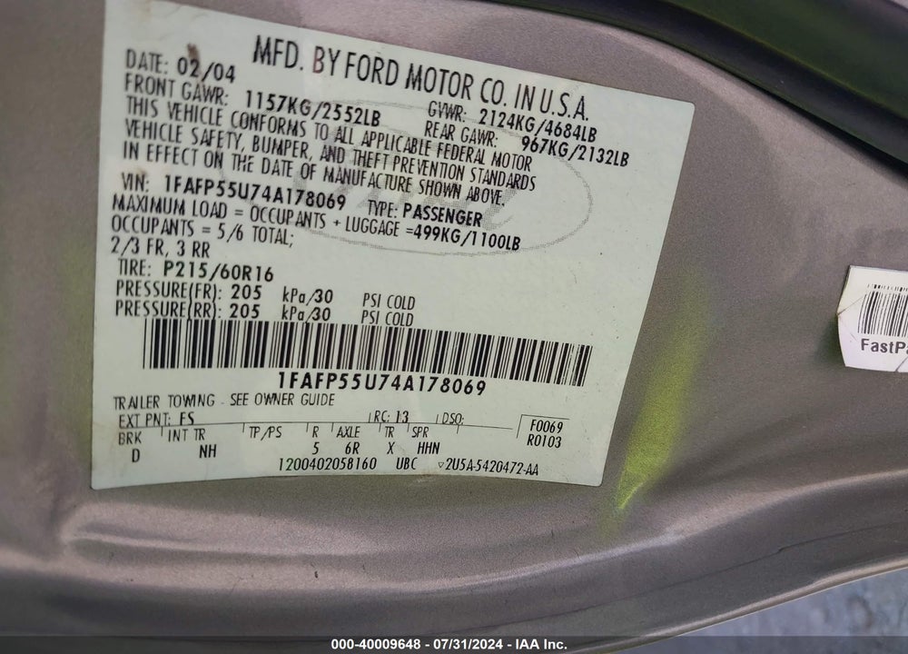 2004 FORD TAURUS VIN: 1FAFP55U74A178069