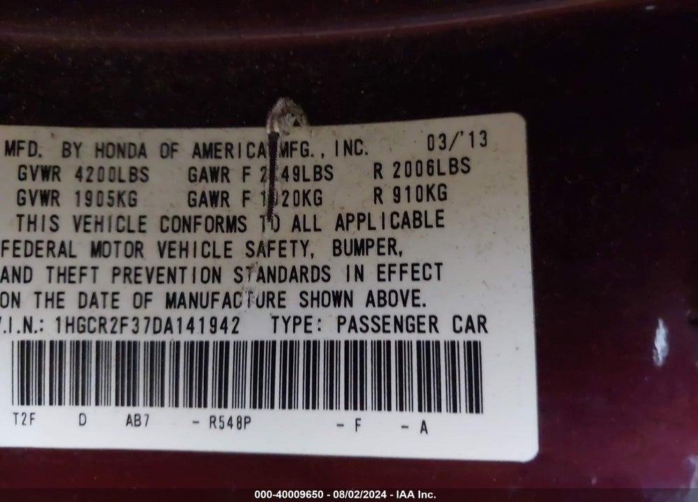 2013 HONDA ACCORD LX VIN: 1HGCR2F37DA141942