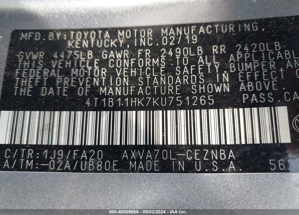 2019 TOYOTA CAMRY LE VIN: 4T1B11HK7KU751265