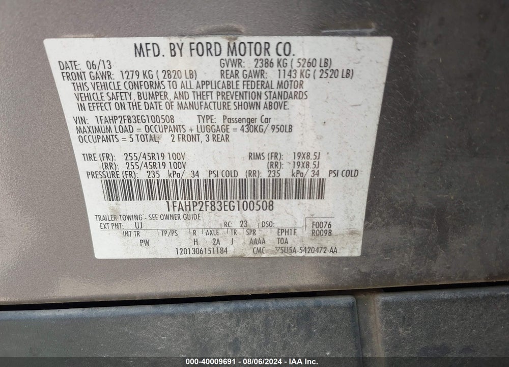 2014 FORD TAURUS LIMITED VIN: 1FAHP2F83EG100508