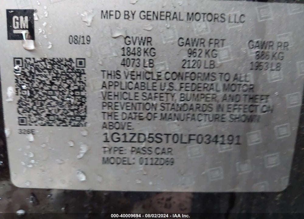 2020 CHEVROLET MALIBU FWD LT VIN: 1G1ZD5ST0LF034191