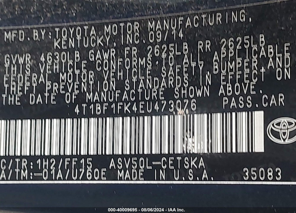 2014 TOYOTA CAMRY SE VIN: 4T1BF1FK4EU473076