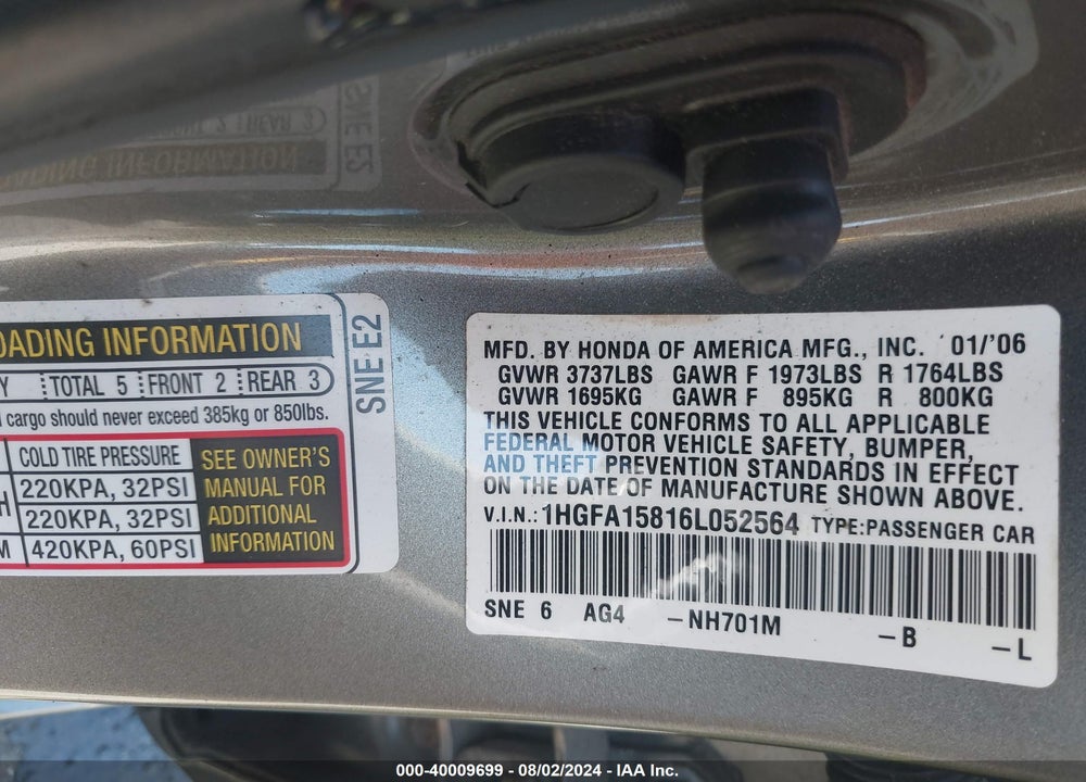 2006 HONDA CIVIC EX VIN: 1HGFA15816L052564