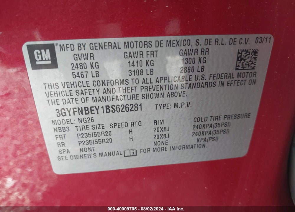2011 CADILLAC SRX PERFORMANCE COLLECTION VIN: 3GYFNBEY1BS626281