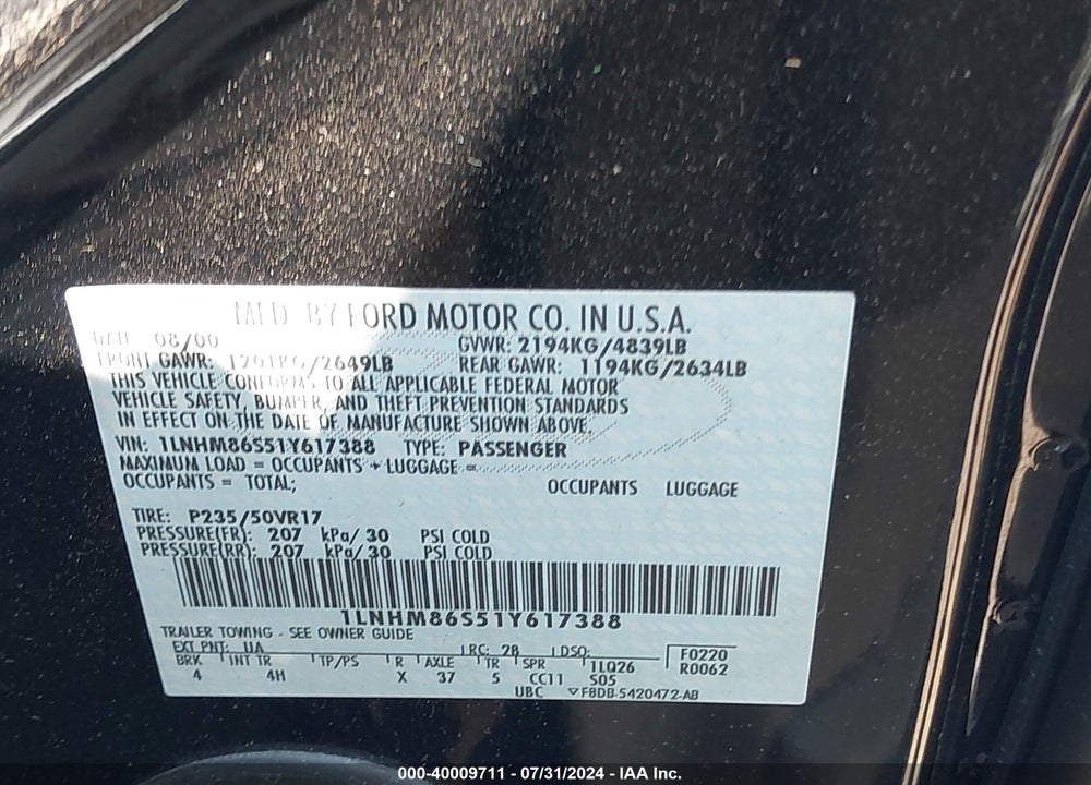 2001 LINCOLN LS V6 AUTO/V6 MANUAL VIN: 1LNHM86S51Y617388