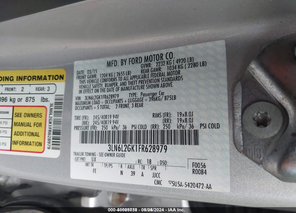 2015 LINCOLN MKZ VIN: 3LN6L2GK1FR628979