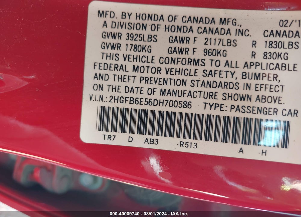 2013 HONDA CIVIC VIN: 2HGFB6E56DH700586