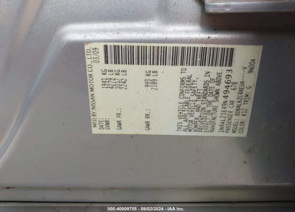 2009 NISSAN ALTIMA VIN: 1N4AL21E49N494693