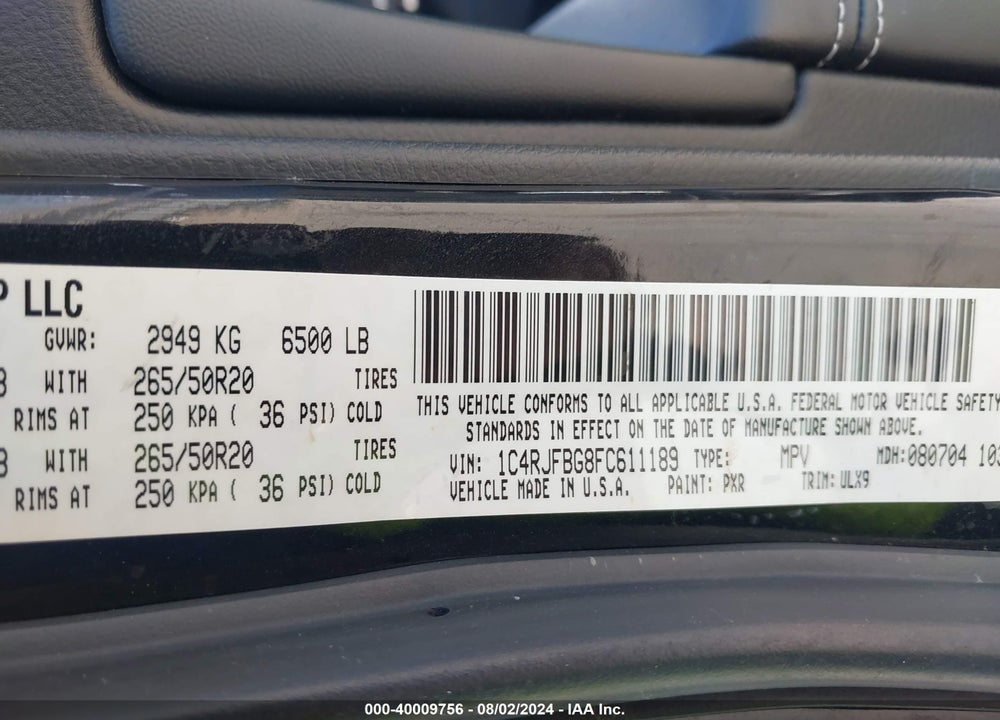 2015 JEEP GRAND CHEROKEE LIMITED VIN: 1C4RJFBG8FC611189