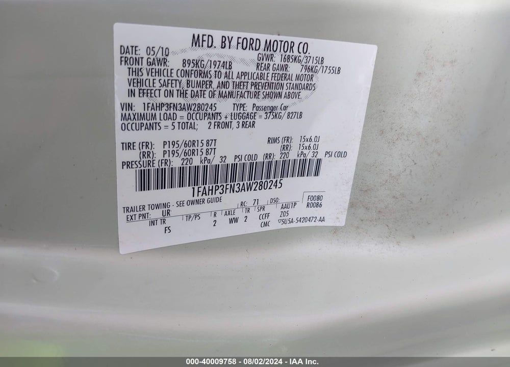 2010 FORD FOCUS SE VIN: 1FAHP3FN3AW280245