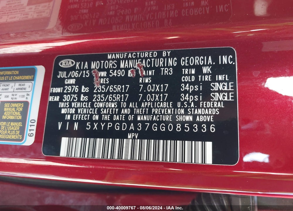 2016 KIA SORENTO 2.4L LX VIN: 5XYPGDA37GG085336