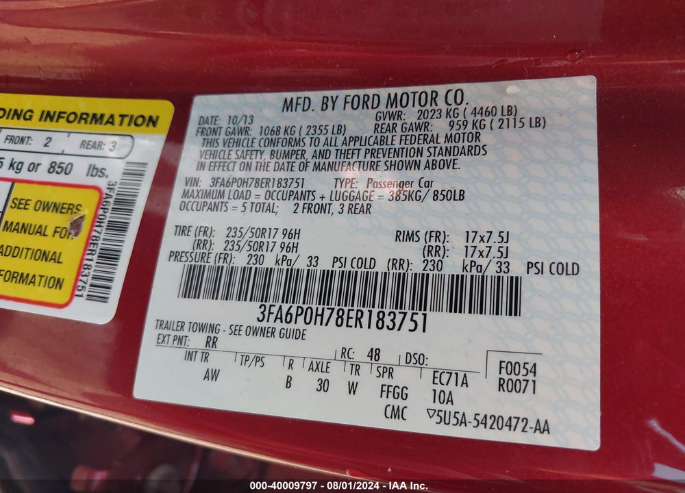 2014 FORD FUSION SE VIN: 3FA6P0H78ER183751