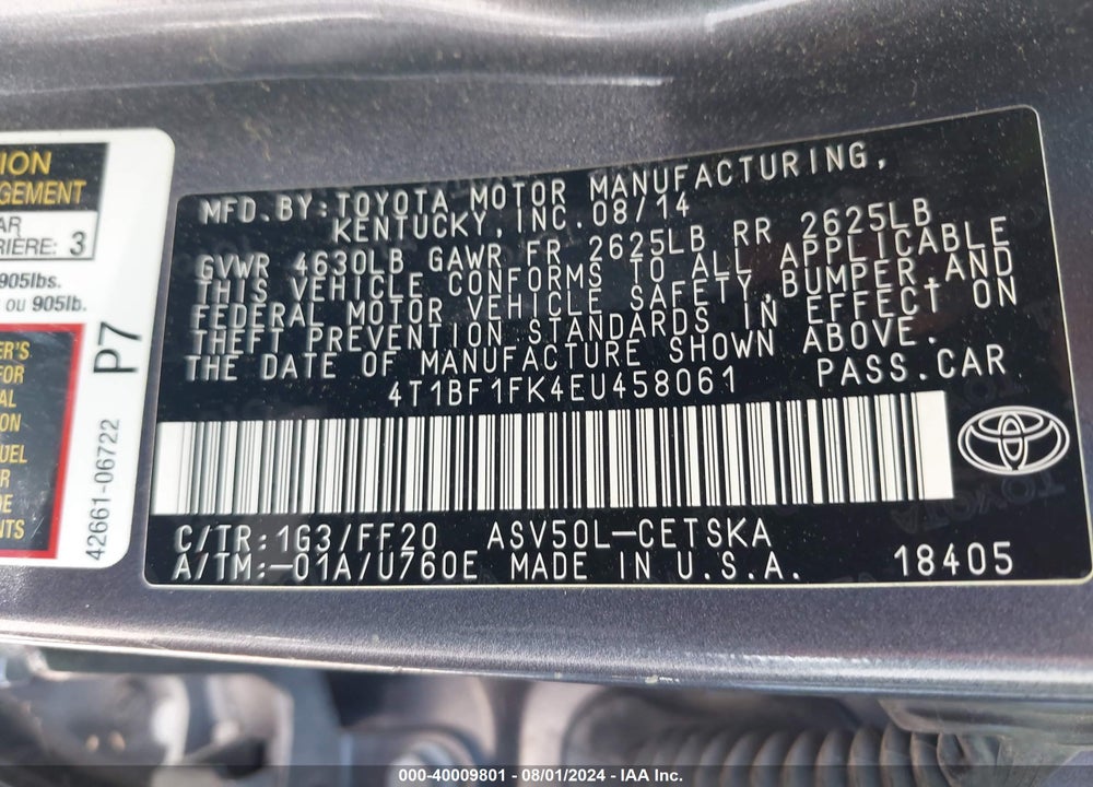 2014 TOYOTA CAMRY SE VIN: 4T1BF1FK4EU458061