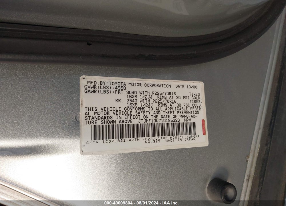 2001 LEXUS RX 300 VIN: JTJHF10U710185320