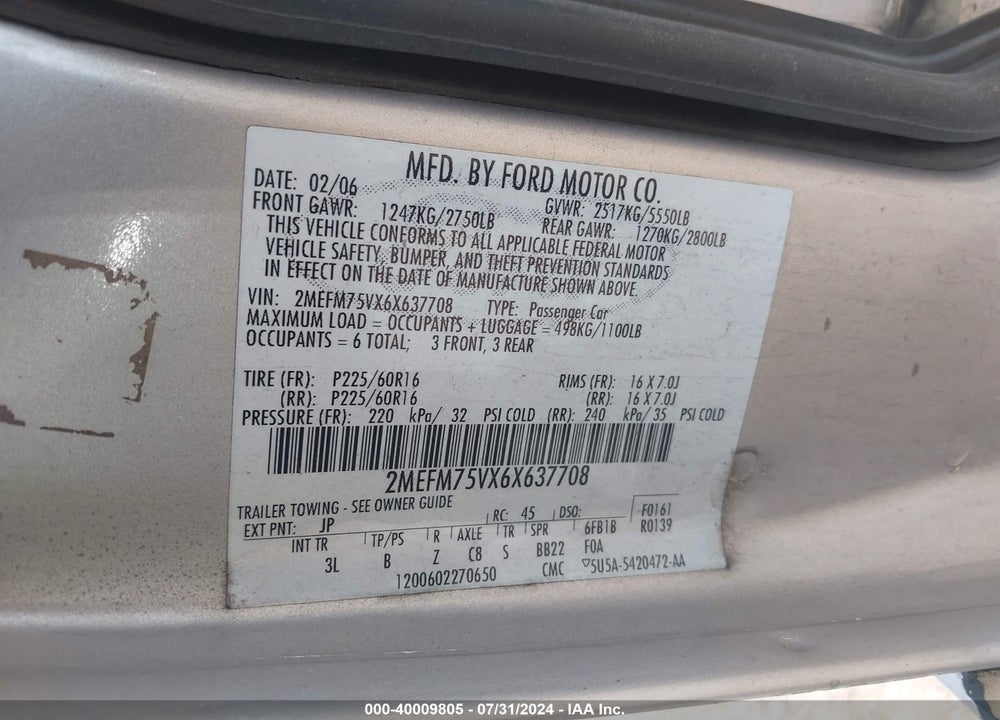 2006 MERCURY GRAND MARQUIS LS VIN: 2MEFM75VX6X637708