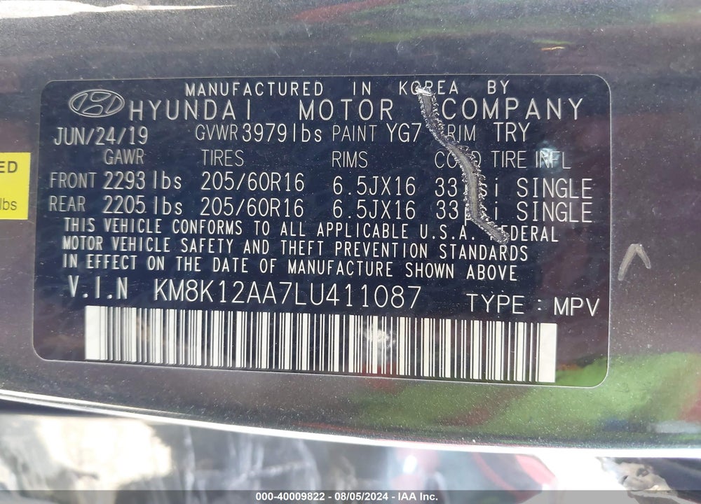 2020 HYUNDAI KONA SE VIN: KM8K12AA7LU411087