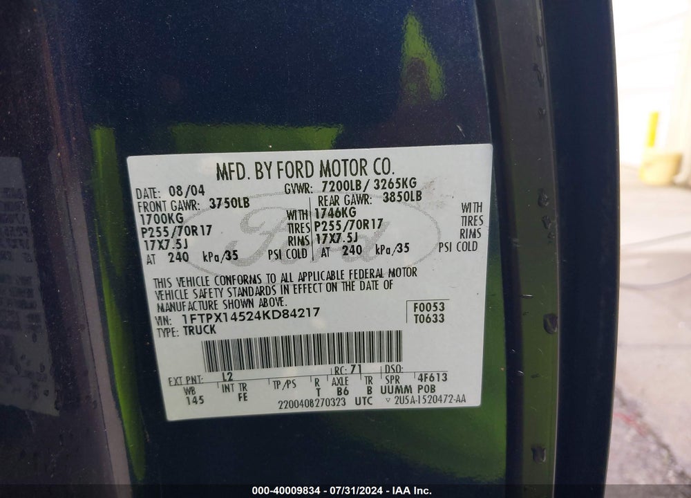 2004 FORD F-150 FX4/LARIAT/XL/XLT VIN: 1FTPX14524KD84217