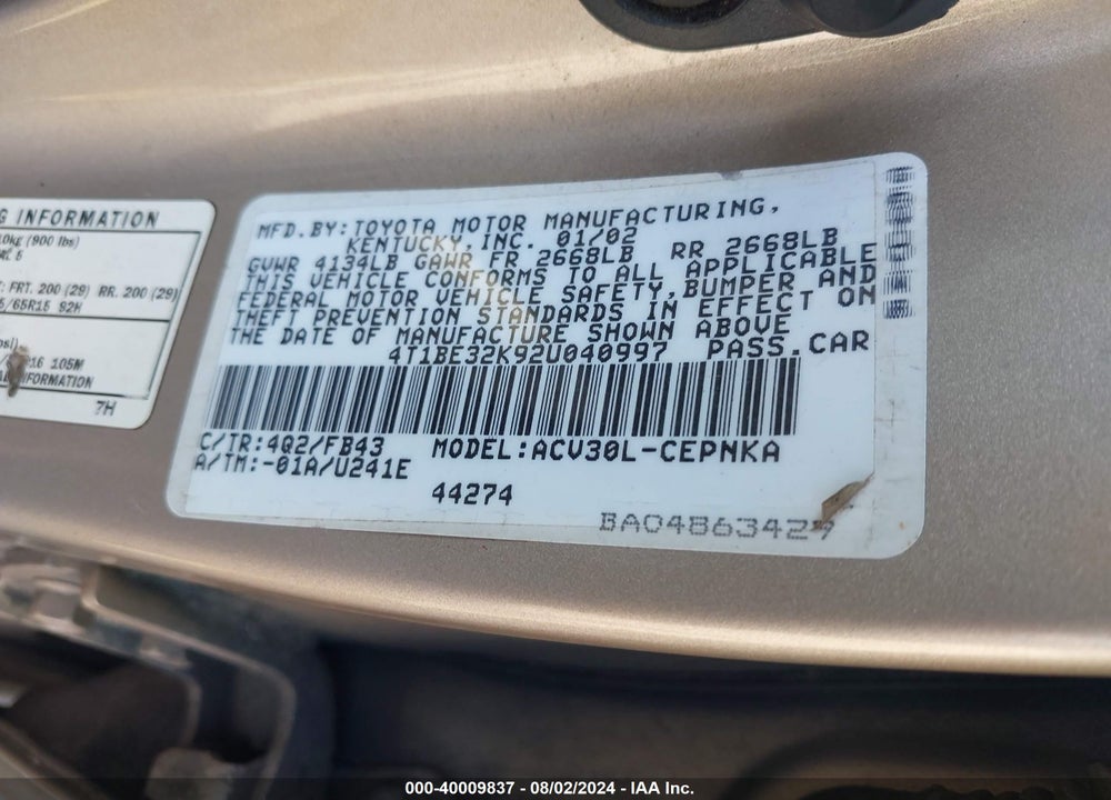 2002 TOYOTA CAMRY LE VIN: 4T1BE32K92U040997