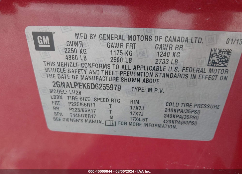 2013 CHEVROLET EQUINOX 2LT VIN: 2GNALPEK6D6255979