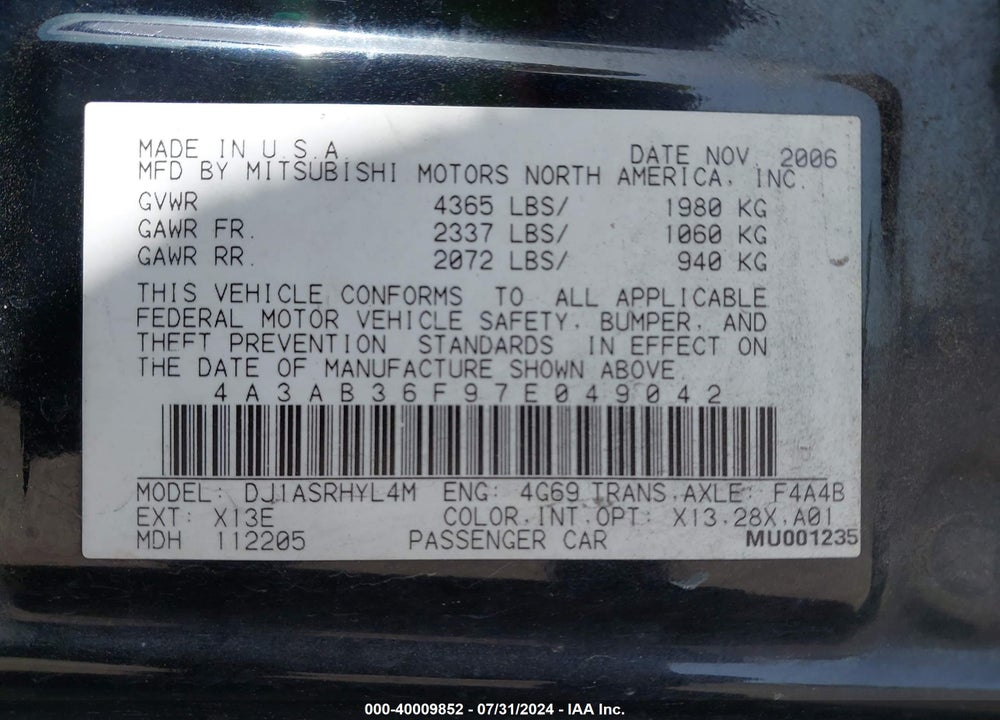 2007 MITSUBISHI GALANT VIN: 4A3AB36F97E049042