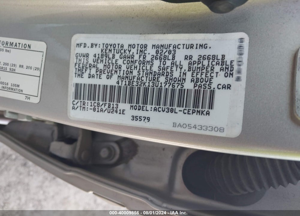 2003 TOYOTA CAMRY LE VIN: 4T1BE32K13U177675