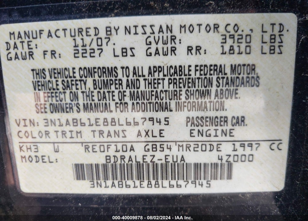 2008 NISSAN SENTRA 2.0S VIN: 3N1AB61E88L667945