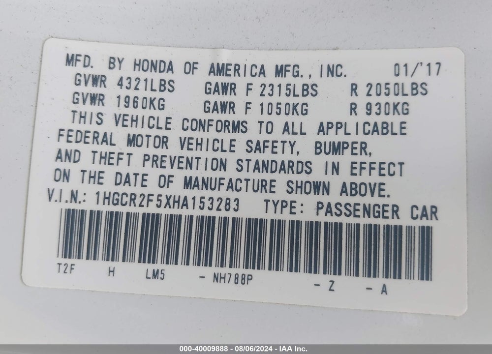 2017 HONDA ACCORD SPORT VIN: 1HGCR2F5XHA153283