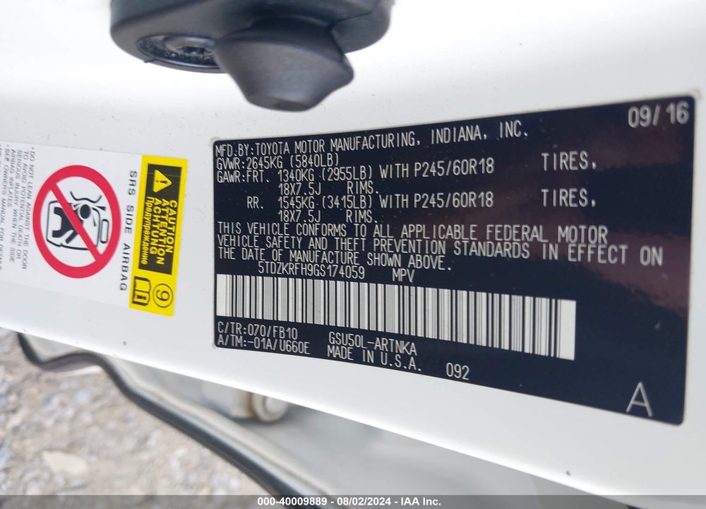 2016 TOYOTA HIGHLANDER LE V6 VIN: 5TDZKRFH9GS174059