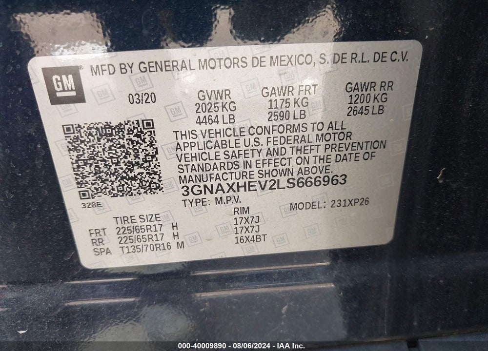 2020 CHEVROLET EQUINOX FWD LS VIN: 3GNAXHEV2LS666963