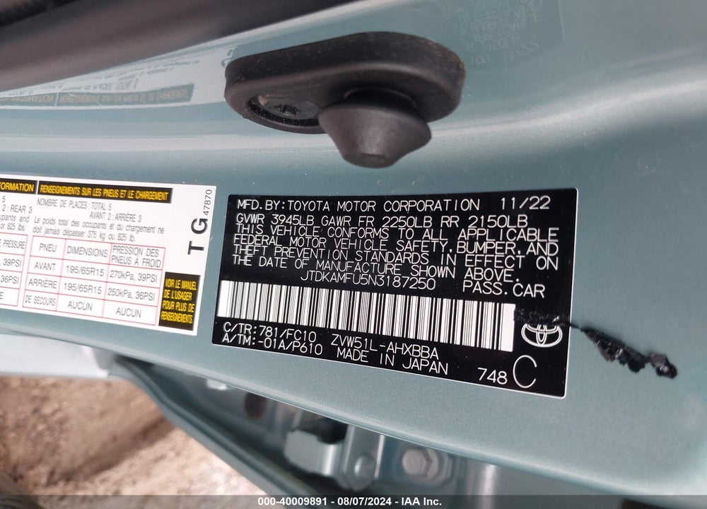 2022 TOYOTA PRIUS L VIN: JTDKAMFU5N3187250