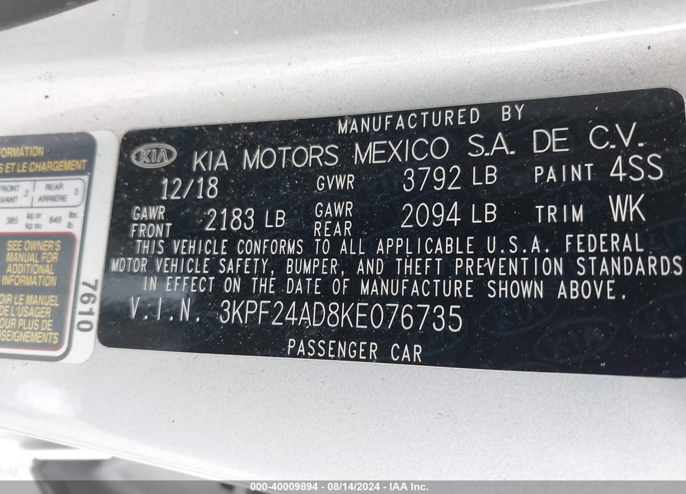 2019 KIA FORTE LXS VIN: 3KPF24AD8KE076735