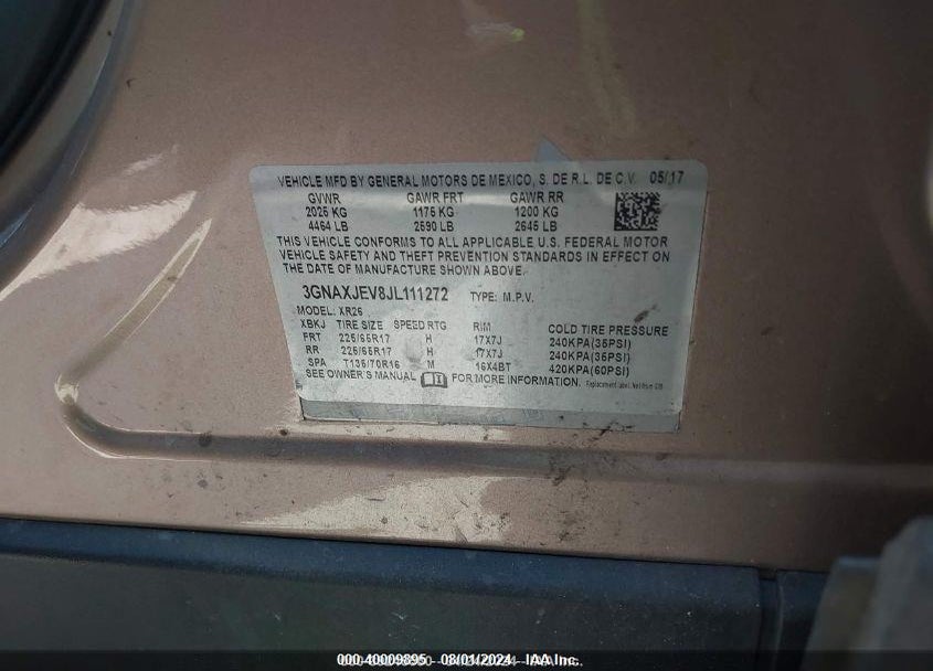 2018 CHEVROLET EQUINOX VIN: 3GNAXJEV8JL111272
