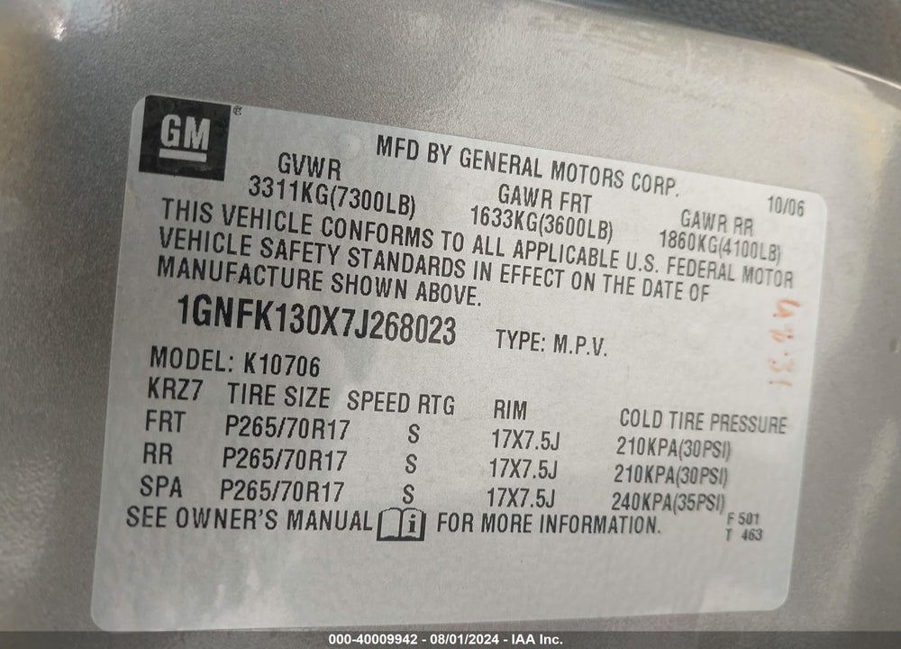 2007 CHEVROLET TAHOE LT VIN: 1GNFK130X7J268023