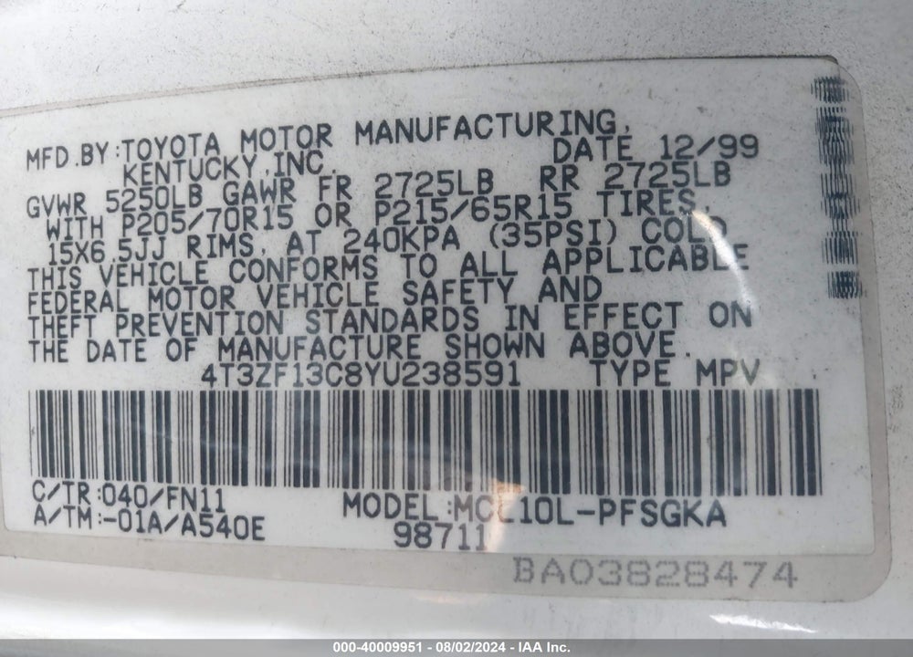 2000 TOYOTA SIENNA LE VIN: 4T3ZF13C8YU238591