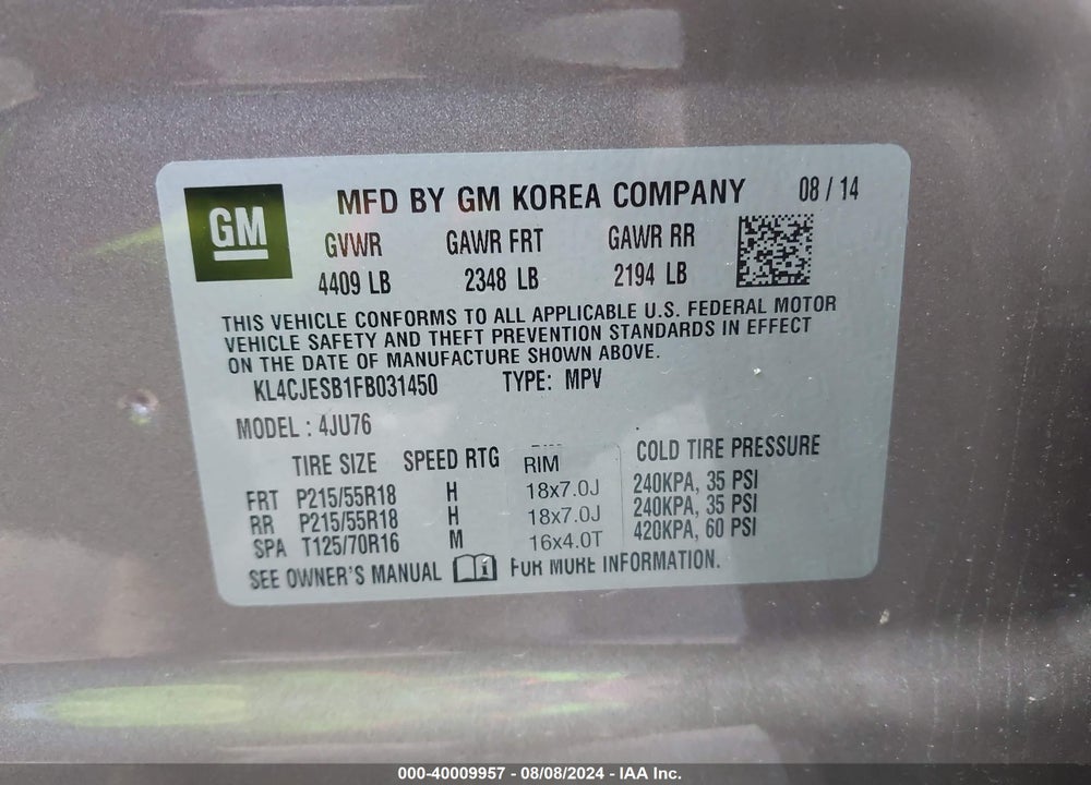 2015 BUICK ENCORE VIN: KL4CJESB1FB031450