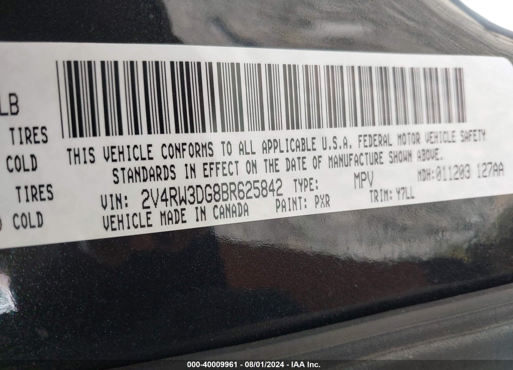 2011 VOLKSWAGEN ROUTAN SE VIN: 2V4RW3DG8BR625842