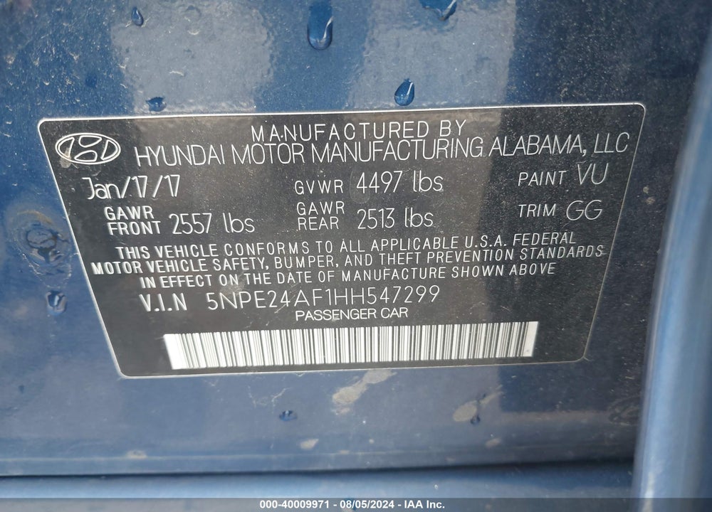 2017 HYUNDAI SONATA VIN: 5NPE24AF1HH547299