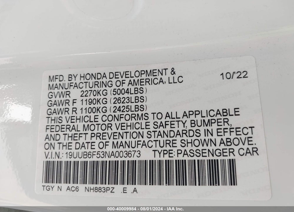 2022 ACURA TLX A-SPEC PACKAGE VIN: 19UUB6F53NA003673