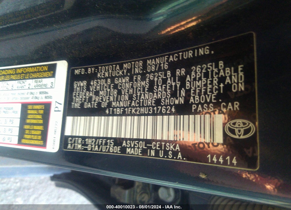 2017 TOYOTA CAMRY SE VIN: 4T1BF1FK2HU317624