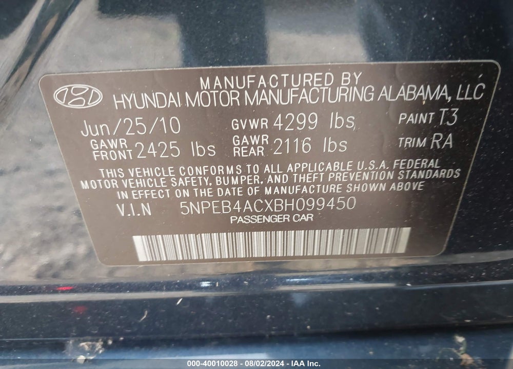 2011 HYUNDAI SONATA VIN: 5NPEB4ACXBH099450