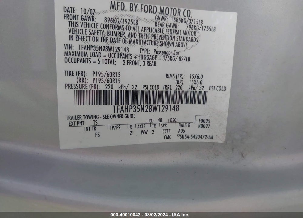 2008 FORD FOCUS SE/SES VIN: 1FAHP35N28W129148