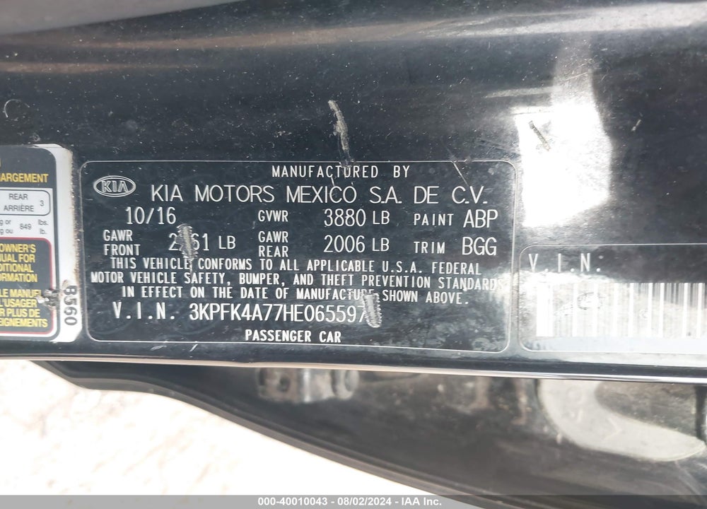 2017 KIA FORTE LX VIN: 3KPFK4A77HE065597
