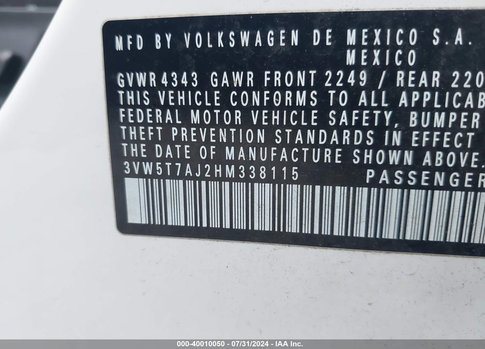 2017 VOLKSWAGEN JETTA GLI VIN: 3VW5T7AJ2HM338115