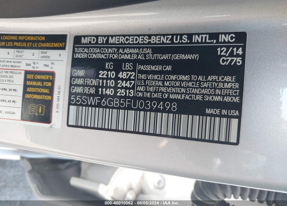 2015 MERCEDES-BENZ C 400 4MATIC VIN: 55SWF6GB5FU039498