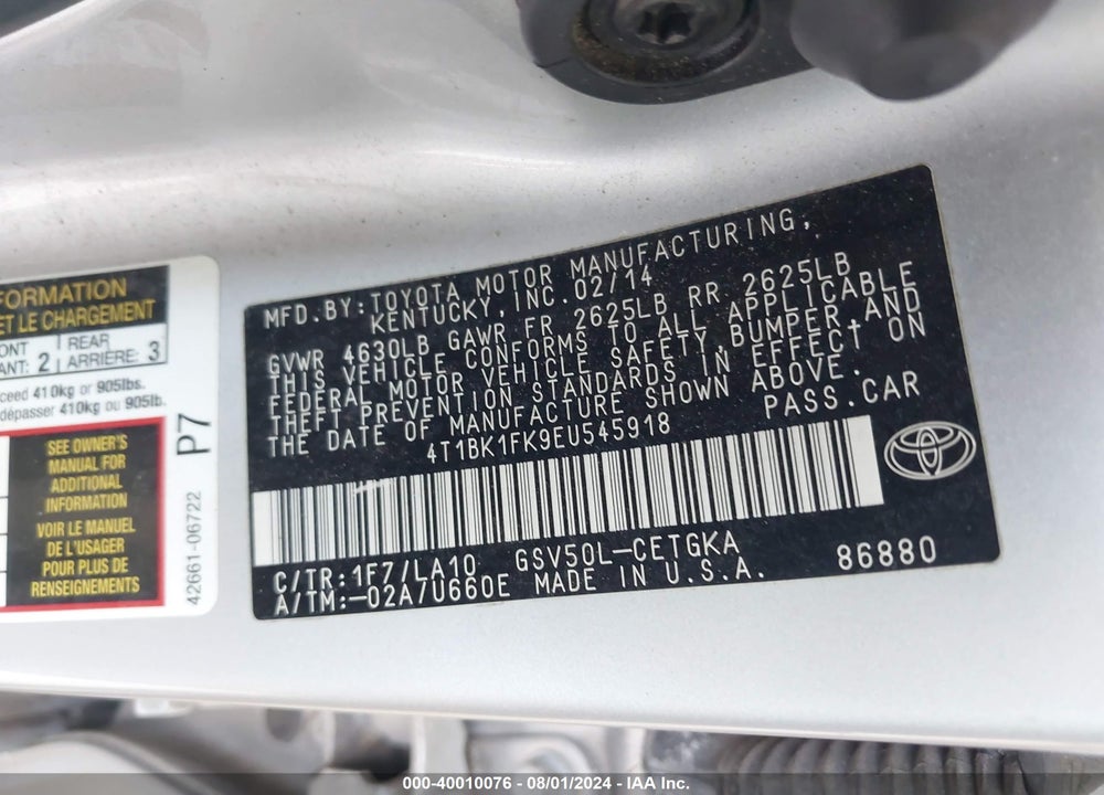2014 TOYOTA CAMRY XLE V6 VIN: 4T1BK1FK9EU545918