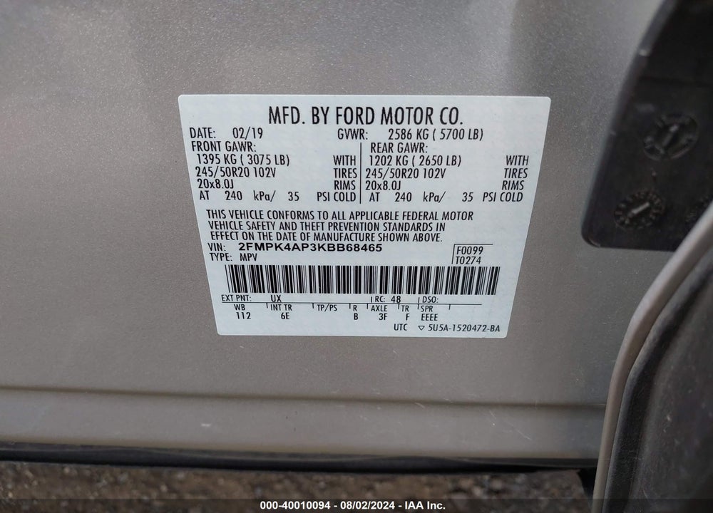 2019 FORD EDGE ST VIN: 2FMPK4AP3KBB68465