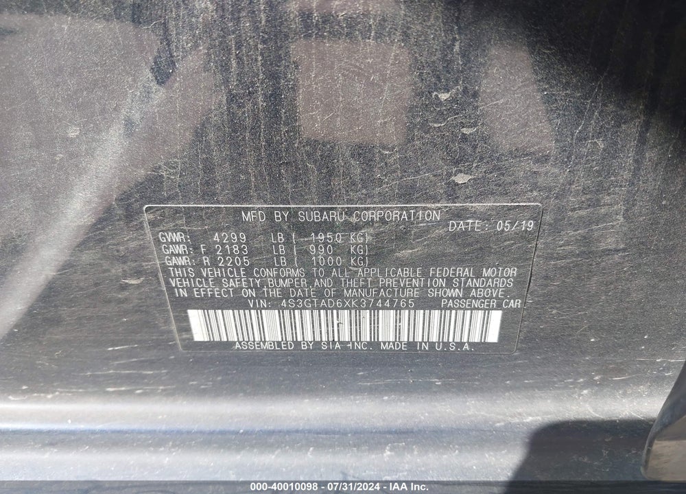 2019 SUBARU IMPREZA 2.0I PREMIUM VIN: 4S3GTAD6XK3744765